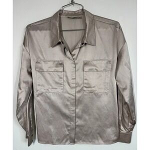 Go By Go Silk Womens M Silk Blend Long Sleeve Button Up Pocket Shirt Peplum Back